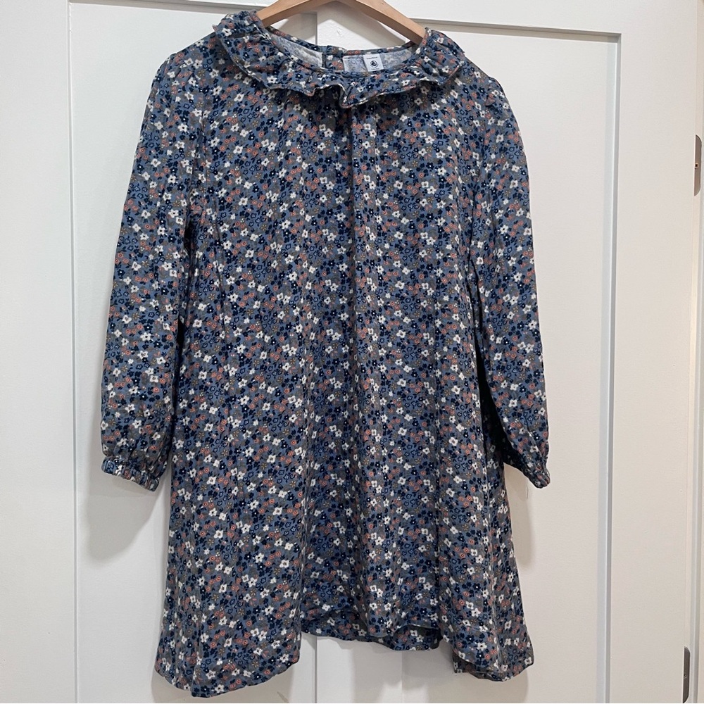 NWT Petit Bateau Celesta Blue Floral Ruffle Collar Organic Cotton Dress SZ 12